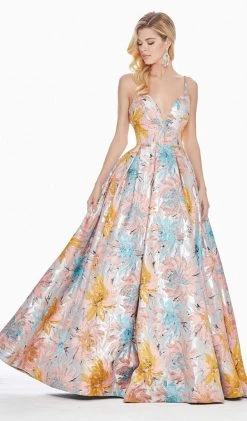 Ashley Lauren - 1369 Deep V-neck Brocade Pleated Ballgown Dress Formal Gowns 10 Ashley Lauren - 1369 Deep V-neck Brocade Pleated Ballgown Dress Formal Gowns