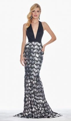 Ashley Lauren - 1375 Plunging Halter Sequined Paillette Mermaid Gown Formal Gowns