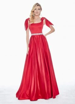 Ashley Lauren - 1383 Bow Accent Shoulder V Back A-Line Satin Gown 14 Ashley Lauren - 1383 Bow Accent Shoulder V Back A-Line Satin Gown