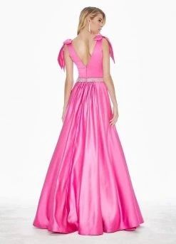 Ashley Lauren - 1383 Bow Accent Shoulder V Back A-Line Satin Gown