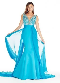 Ashley Lauren Plunging Evening Dress With Overskirt 1277 - 1 Pc Turquoise In Size 2 Available Formal Gowns