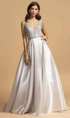 Aspeed Design - Appliqued V-Neck A-Line Prom Dress L2168 - 1 Pc Silver In Size S Available Formal Gowns