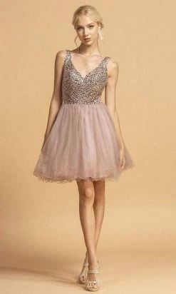 Cocktail Dresses Aspeed Design - S2114 Beaded Bodice Fit And Flare Tulle Dress - 1 Pc Blush In Size S Available
