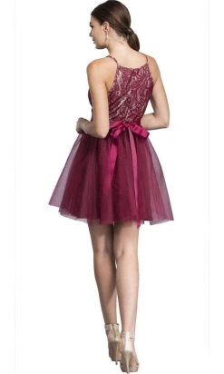 Cocktail Dresses Aspeed Design - Short Halter Lace Bodice Dress D136 - 1 Pc Burgundy In Size XS Available