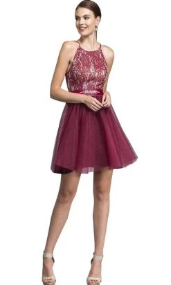 Cocktail Dresses Aspeed Design - Short Halter Lace Bodice Dress D136 - 1 Pc Burgundy In Size XS Available