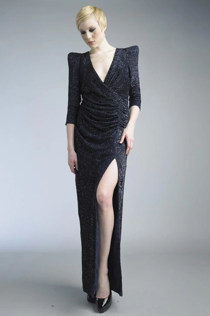 Basix - D5301L Puff Sleeve Plunging Surplice Sheath Gown Formal Gowns 7 Basix - D5301L Puff Sleeve Plunging Surplice Sheath Gown Formal Gowns