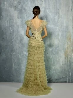 Edition Gemy Maalouf Beside Couture By Gemy Short Sleeves Beaded Tiered Gown BC1291