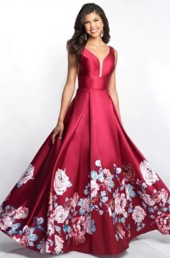 Blush By Alexia Designs Formal Gowns Blush - 5661 Plunging V-Neck Floral Printed Mikado Gown
