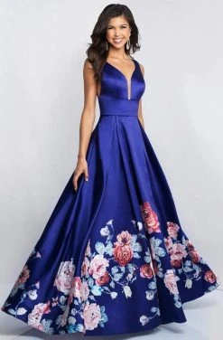 Blush By Alexia Designs Formal Gowns Blush - 5661 Plunging V-Neck Floral Printed Mikado Gown
