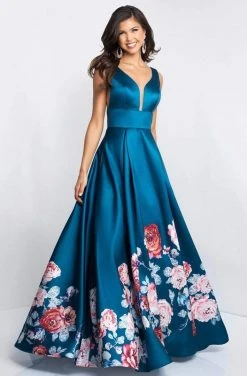 Blush By Alexia Designs Formal Gowns Blush - 5661 Plunging V-Neck Floral Printed Mikado Gown