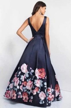 Blush By Alexia Designs Formal Gowns Blush - 5661 Plunging V-Neck Floral Printed Mikado Gown