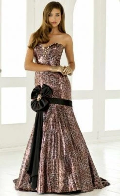 Blush By Alexia Designs Formal Gowns Blush - 9284 Strapless Printed Long Gown With Black Ribbon Accent