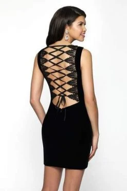 Blush By Alexia Designs Blush Black - B108 Lace And Velvet Scoop Neck Sheath Dress Cocktail Dresses