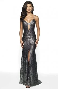 Blush By Alexia Designs - 11772 Metallic Lace Deep Vneck Trumpet Dress Formal Gowns