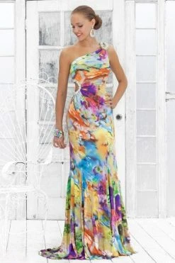 Formal Gowns Blush By Alexia Designs - One Shoulder Floral Printed Long Dress 9303