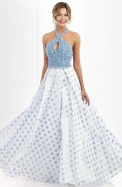 Blush By Alexia Designs Blush - Embellished Halter Neck Polka Dot Printed Ball Gown 5516 Formal Gowns