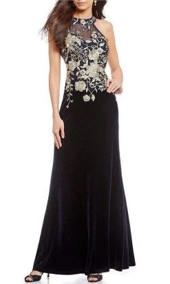 Formal Gowns Cachet - 59820 Gilt Floral Embroidered Illusion Halter Gown