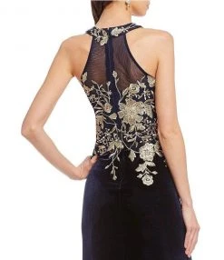 Cachet - Floral Embroidered Halter Evening Dress 59820 - 1 Pc Black Gold In Size 4 Available