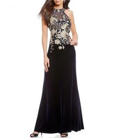 Cachet - Floral Embroidered Halter Evening Dress 59820 - 1 Pc Black Gold In Size 4 Available