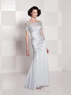 Cameron Blake By Mon Cheri - 114662 Illusion Ornate Gown - 1 Pc Silver In Size 10 Available