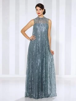 Formal Gowns Cameron Blake By Mon Cheri - Illusion High Neck Lace Overskirt Gown 116670 - 1 Pc Steel Gray In Size 14 Available