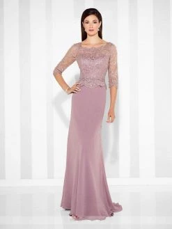 Cameron Blake By Mon Cheri - Quarter Sleeve Scalloped Lace Evening Gown 117617 - 1 Pc Dark Aqua In Size 14 And 1 Pc Pink Topaz In Size 18 Available