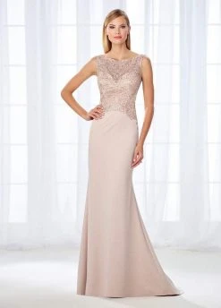 Formal Gowns Cameron Blake By Mon Cheri - Shimmering Bateau Beaded Lace Jersey Gown 118684 - 1 Pc Stone In Size 14 Available
