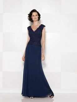 Cameron Blake By Mon Cheri V Neck Long Dress With Slit 114666 - 1 Pc Navy Blue In Size 8, 1 Pc Pink In Size 10 Available Formal Gowns