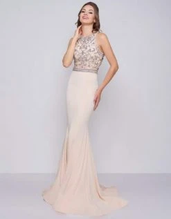 Formal Gowns Cassandra Stone - 40934A Beaded Halter Mermaid Dress With Train