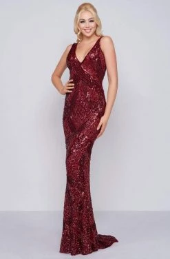 Cassandra Stone - 4436A V Neck Sequin Ornate Draped Back Evening Gown Formal Gowns