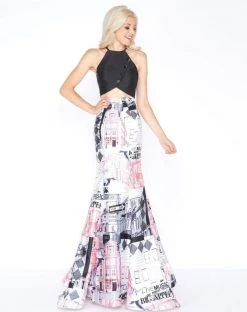 Formal Gowns Cassandra Stone - 66374A Two Piece Buttoned Halter Printed Mikado Gown