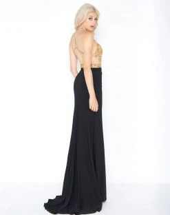 Cassandra Stone - 66525A Halter Gold Beaded Cutout Slit Evening Gown