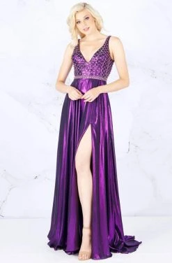 Cassandra Stone - 77493A Bedazzled V-neck A-line Dress With Train Formal Gowns