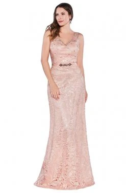 Cinderella Divine - 1420 Beaded Lace V-neck Sheath Dress