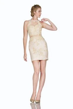 Cinderella Divine - 1586S Lace Appliqued Illusion Midriff Sheath Short Formal Dress Cocktail Dresses