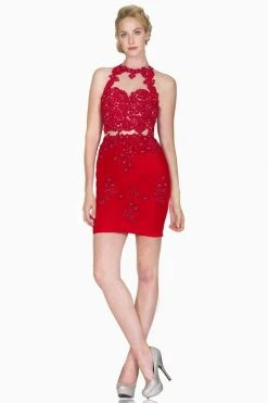 Cinderella Divine - 1586S Lace Appliqued Illusion Midriff Sheath Short Formal Dress Cocktail Dresses