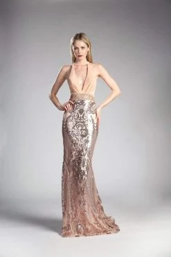 Formal Gowns Cinderella Divine - 62515 Sequined High Halter Evening Gown