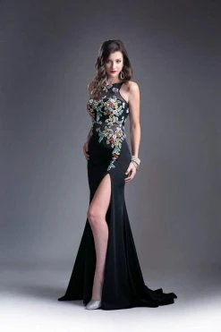 Formal Gowns Cinderella Divine - 6395 Floral Embroidered Illusion High Slit Gown