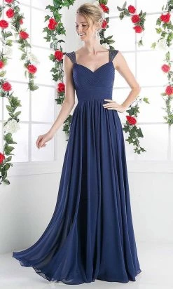 Cinderella Divine - 7461 Beaded Strap Pleated A-Line Chiffon Gown Formal Gowns