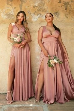 Cinderella Divine - 7469 Satin V-Neck A-Line Dress With Slit Formal Gowns