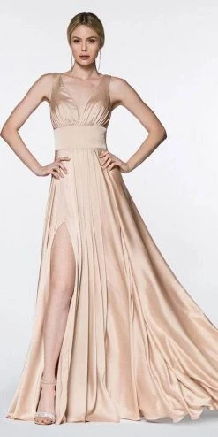 Cinderella Divine - 7469 Sleeveless V Neck High Slit Satin Gown 13 Cinderella Divine - 7469 Sleeveless V Neck High Slit Satin Gown