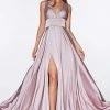 Formal Gowns Cinderella Divine - 7469 V Neck High Slit Satin Flowy A-Line Dress 2 Formal Gowns Cinderella Divine - 7469 V Neck High Slit Satin Flowy A-Line Dress