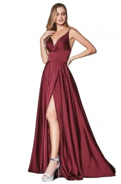 Cinderella Divine - 7472 Spaghetti Straps V Neck Wrap Satin Gown