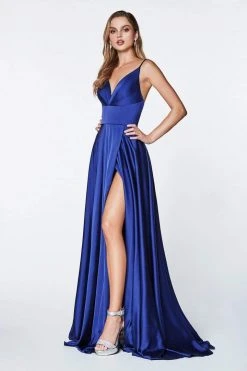 Cinderella Divine - 7472 Spaghetti Straps V Neck Wrap Satin Gown