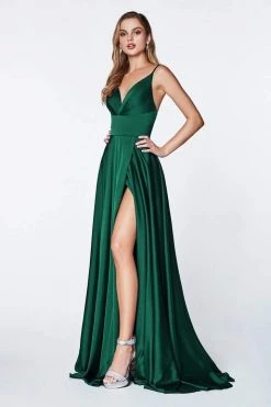 Formal Gowns Cinderella Divine - 7472 V Neck Pleated Bodice High Slit Wrap Satin Gown - 1 Pc Emerald In Size 20 Available 16 Formal Gowns Cinderella Divine - 7472 V Neck Pleated Bodice High Slit Wrap Satin Gown - 1 Pc Emerald In Size 20 Available