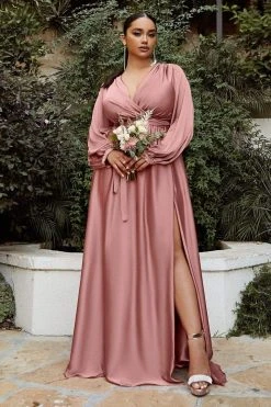 Cinderella Divine - 7475 Plunging V Neck High Slit Long Dress Formal Gowns