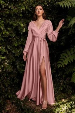 Cinderella Divine - 7475 Plunging V Neck High Slit Long Dress Formal Gowns