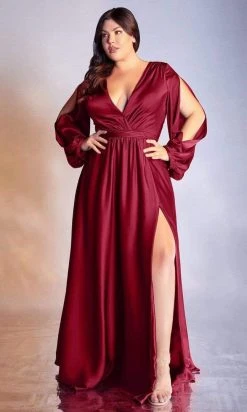 Formal Gowns Cinderella Divine - 7475C Plunging V Neck High Slit Long Evening Dress