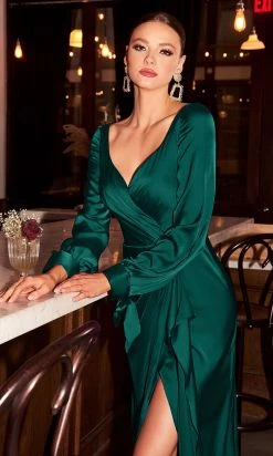 Cinderella Divine - 7478 Long Sleeve High Slit Draped Evening Dress