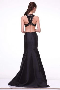 Cinderella Divine - 7640 Beaded Lace Halter Neck Satin Trumpet Dress